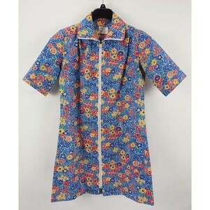 Vintage 1970's Primstyle Japan Women's Size 12 Blue Floral Zip Boho Shirt Dress